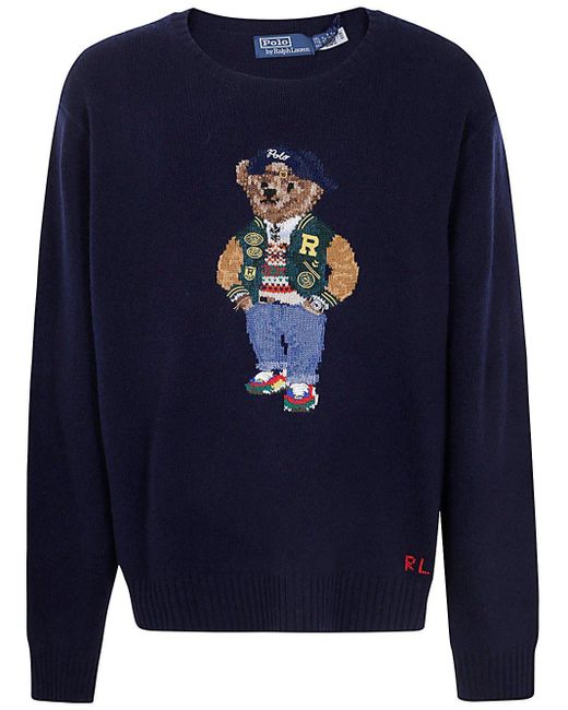 Polo Ralph Lauren Polo Bear Intarsia-Knit Crewneck Jumper in Blue
