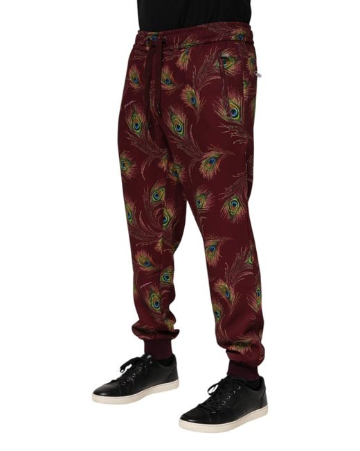 Dolce & Gabbana Red Peacock Feather Print Jogger Pants Polyester Elastane for men