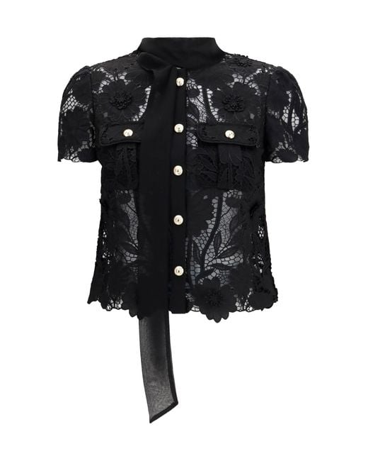Self-Portrait Black Tie-Neck Top Polyester