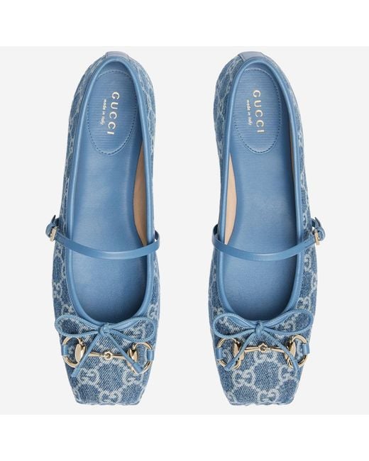 Gucci Blue Flats Gg Fabric Leather And