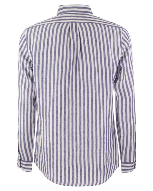 Polo Ralph Lauren Blue Custom-Fit Striped Linen Shirt for men