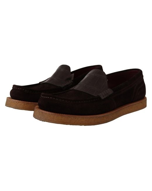 Dolce & Gabbana Black Elegant Suede Crocodile Loafers for men
