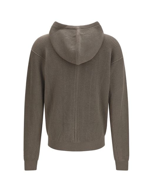 Rick Owens Gray Ribbed Virgin Wool Knit Hoodie Fleece Ovis Aries Knitwear for men