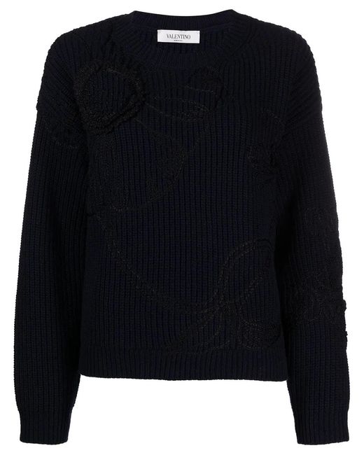 Valentino Black Floral-Embroidered Knitted Jumper Clothing