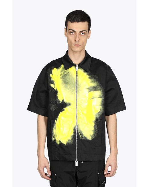 1017 ALYX 9SM Graphic Zip S/s Shirt Black Cotton Short Sleeved Shirt With Yellow Print And Zip Closure for men