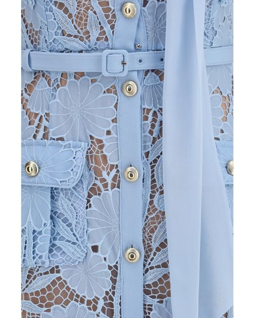 Self-Portrait Blue Midi Lace Dress With Bow Collar