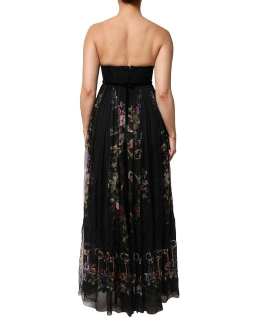 Dolce & Gabbana Black Key Print Silk Crystal Brooch Dress