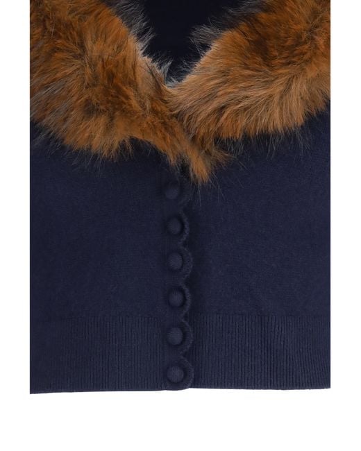 Self-Portrait Blue Knit And Faux Fur Cardigan