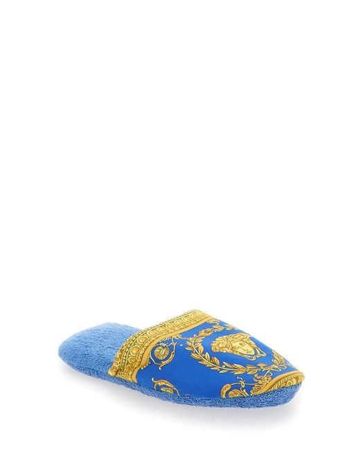 Versace Blue Slippers With Baroque Print, Fabric
