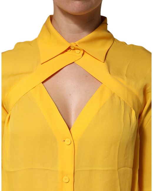 Moschino Couture Yellow Silk Collared Long Sleeves Top
