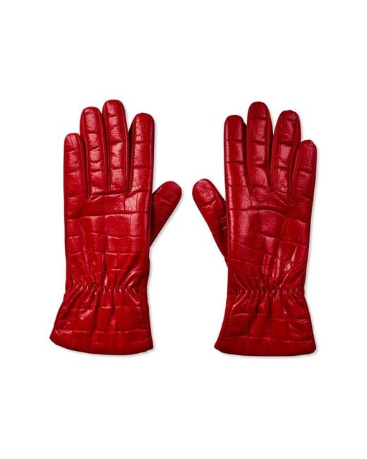 Bottega Veneta Red Croc Embossed Logo Leather Gloves Accessories