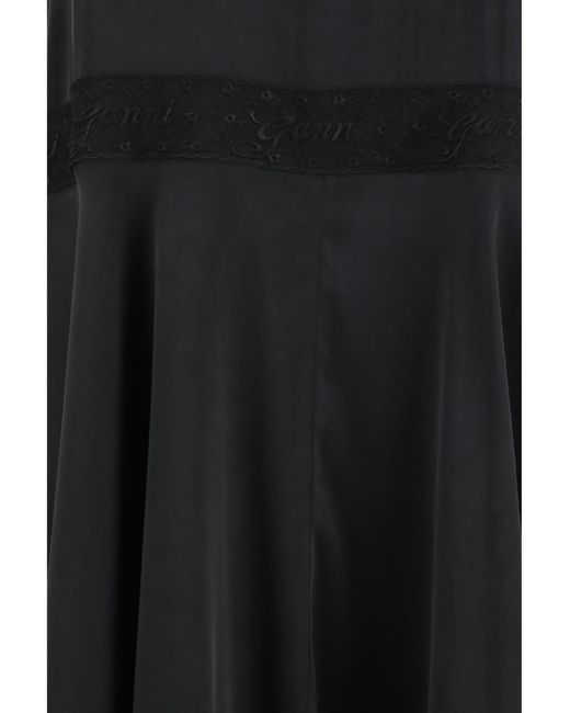 Ganni Black Silk Maxi Dress With Lace Details Silk; Viscose; Elastane