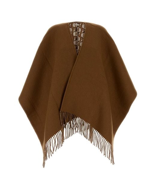 [Fendi] Fendi Logo Alpaca x Wool Cape Coat with Fringe FXX716 Brown [Used] [Authenticated and Guaranteed Authentic] 199710