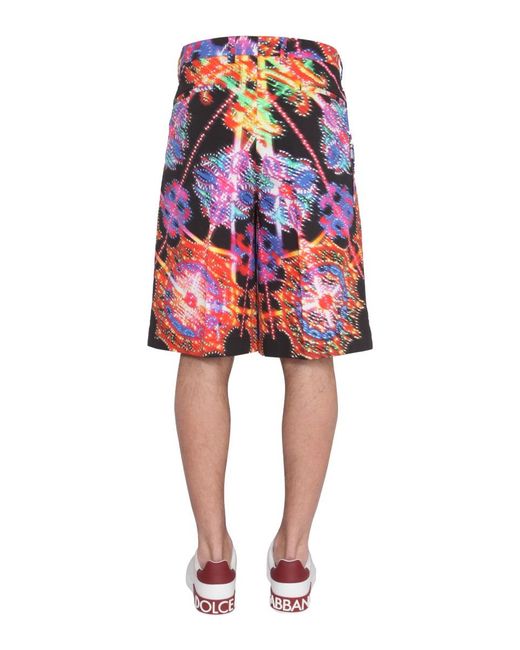Dolce & Gabbana Red Bermuda With Luminary Print Cotton Elastane Short for men