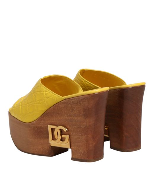 Dolce & Gabbana Yellow Leather Wood Mule Wedge Slides Shoes 100Iman