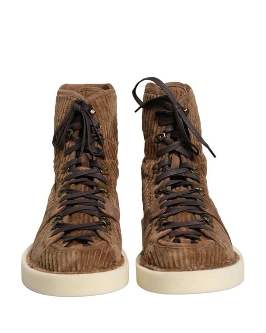 Dolce & Gabbana Brown Corduroy High Top Oxford Boots Cotton Calf Leather for men