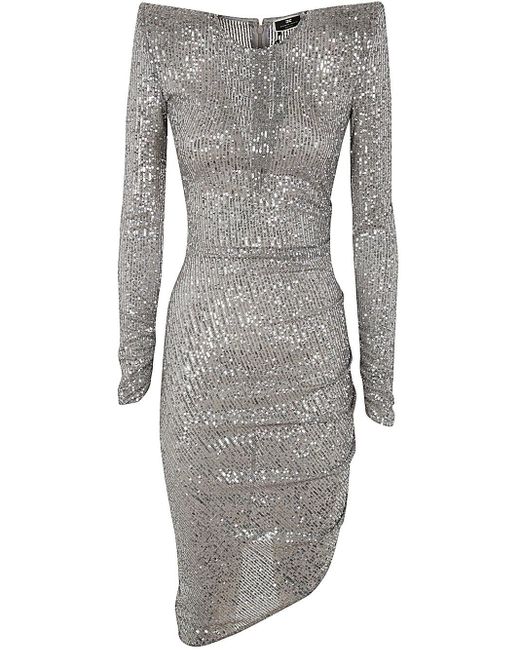 Elisabetta Franchi Gray Long Sleeves Dress With Paillettes