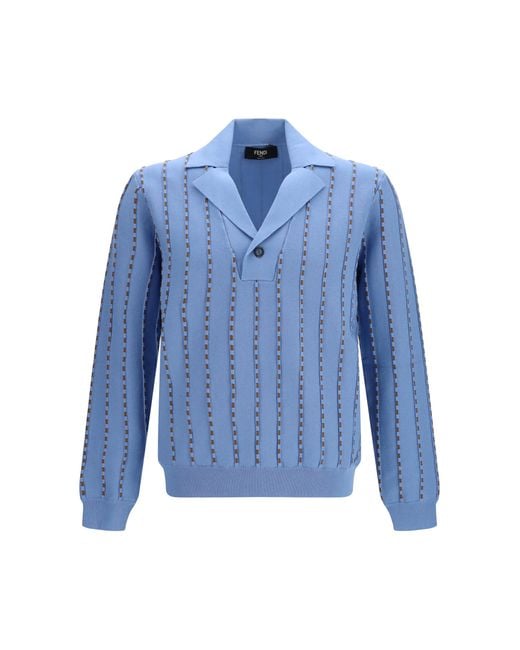 Fendi Blue Trompe-Lœil Selleria Knit Sweater Cotton for men