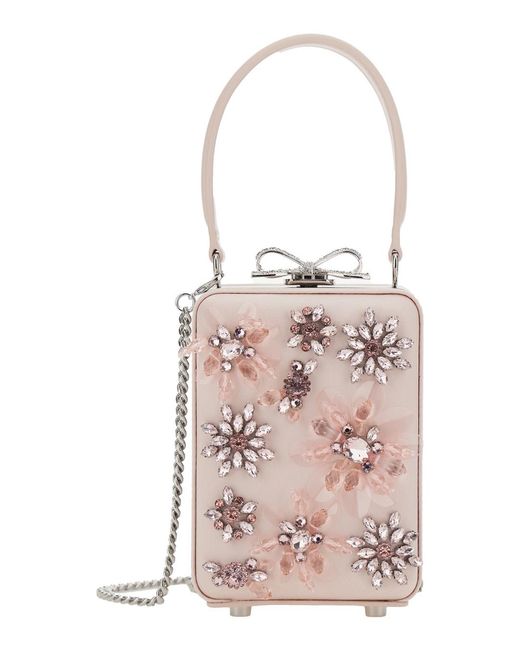 Self-Portrait Pink Clutch Bag With All-Over Floral Details And Metallic Bow