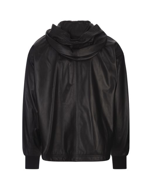 Palm Angels Black Hooded Leather Jacket With Logo for men