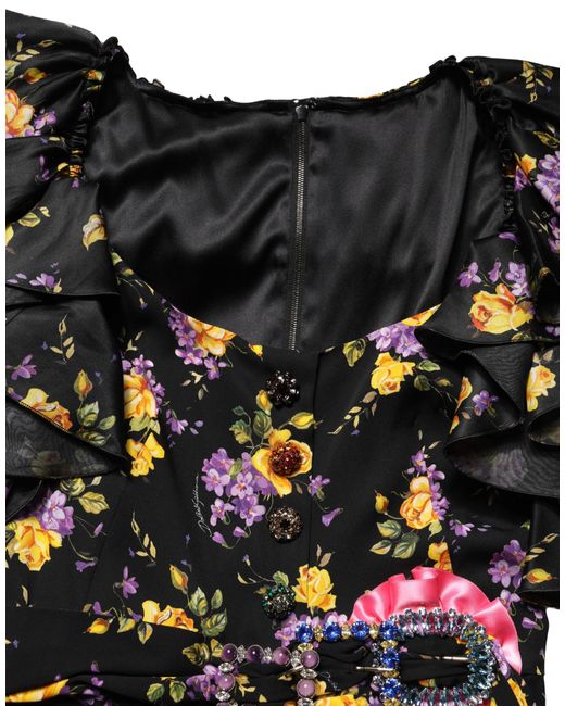 Dolce & Gabbana Black Purple Crystal Brooch Silk Midi Dress