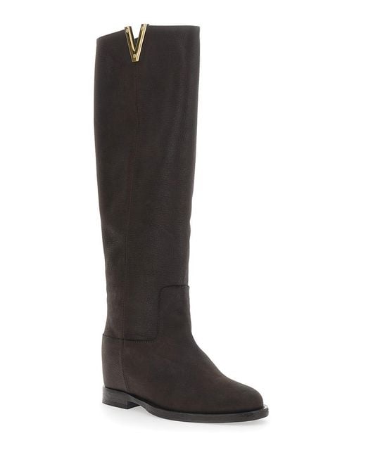 Via Roma 15 Black Boots Suede With Metallic V