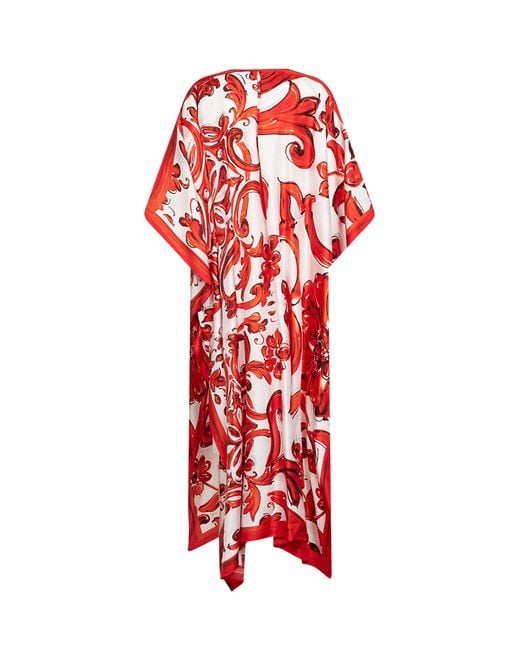 Dolce & Gabbana Red Kaftan Dress Majolica Print Cotton