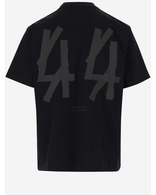 44 Label Group Black Cotton T-Shirt With Graphic Print And Logo for men