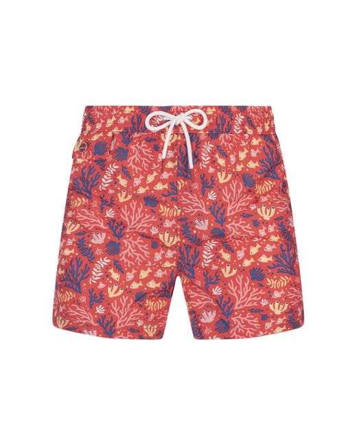 Kiton Red Swim Shorts With Fish And Coral Pattern for men
