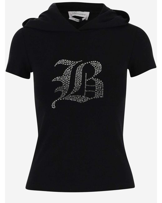 Blumarine Black Rhinestone Logo Hooded T-Shirt