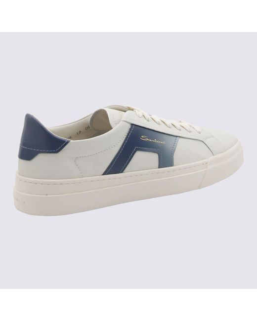 Santoni White And Blue Leather Buckle Sneakers for men