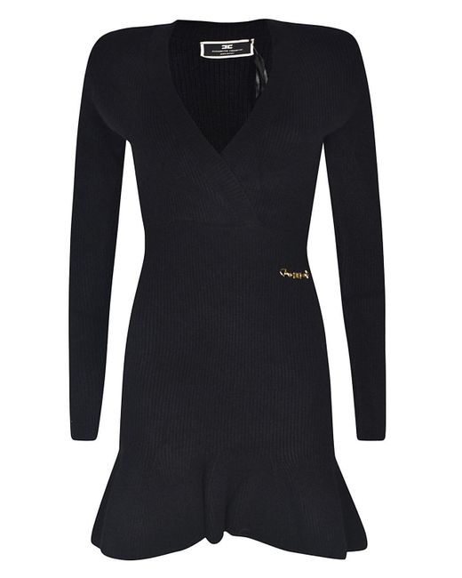 Elisabetta Franchi Black V-neck Ribbed-knit Mini Dress