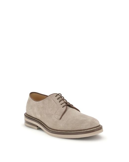 Brunello Cucinelli White Suede Derby Lace-Up Shoes for men