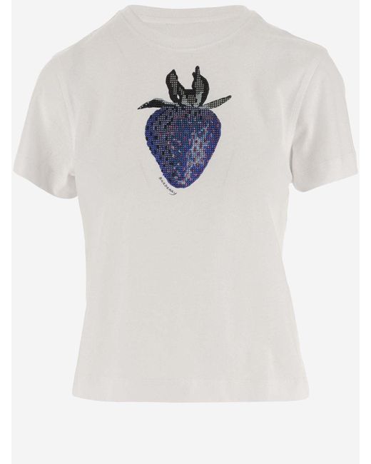 Burberry White Cotton Square T-shirt With Crystal Strawberry