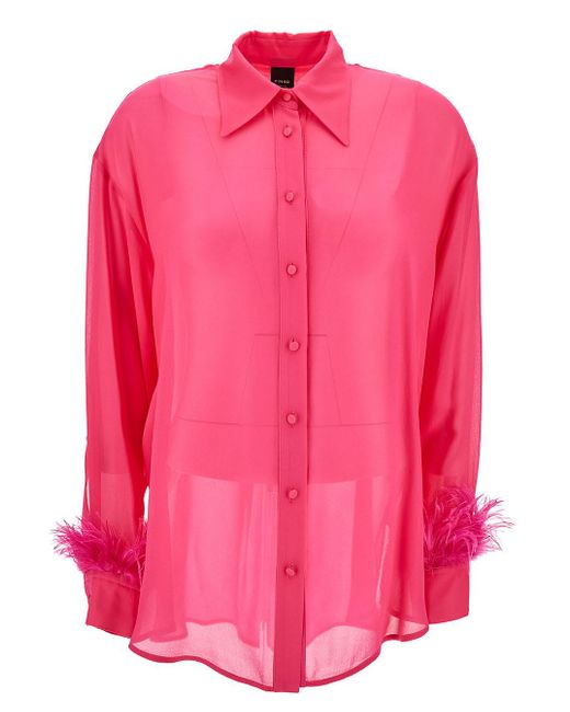 Pinko Pink 'Circe' Fuchsia Semi-Sheer Shirt With Feathers On Cuffs