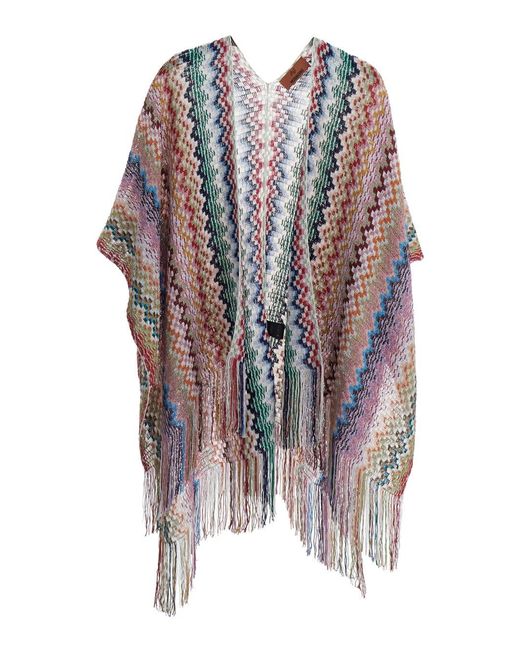 Missoni White Cape With Fringed Hem And All-Over Zig-Zag Motif