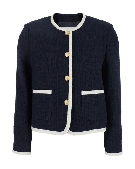 DUNST Blue Jacket With Round Neck And Front Jewel Button Cllosure