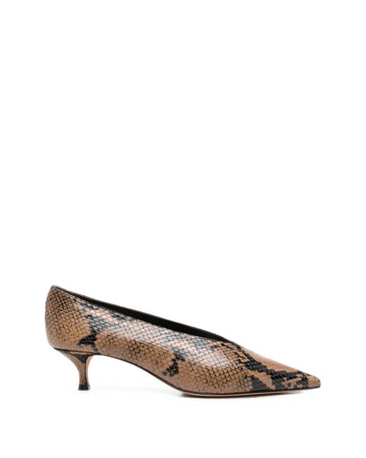 Le Monde Beryl Brown Taupe Python-Embossed Leather Babouche Kitten Heel Pointed Pumps With Kitten Heel