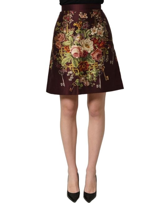 Dolce & Gabbana Red Floral Highwaist A-Line Mini Skirt Silk Wool