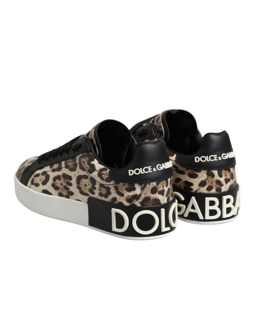 Dolce & Gabbana Black Portofino Sneakers In Leopard-print Calfskin Nappa