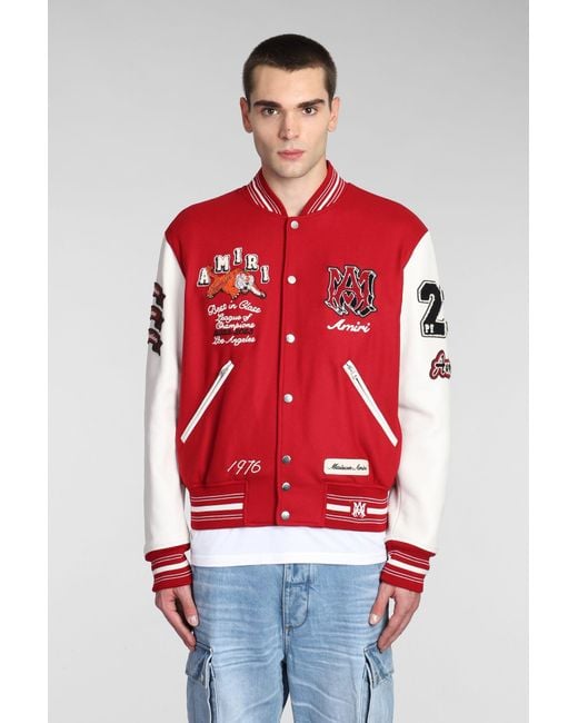 Amiri Red Leather Logo Patch Bomber Jacket. for men