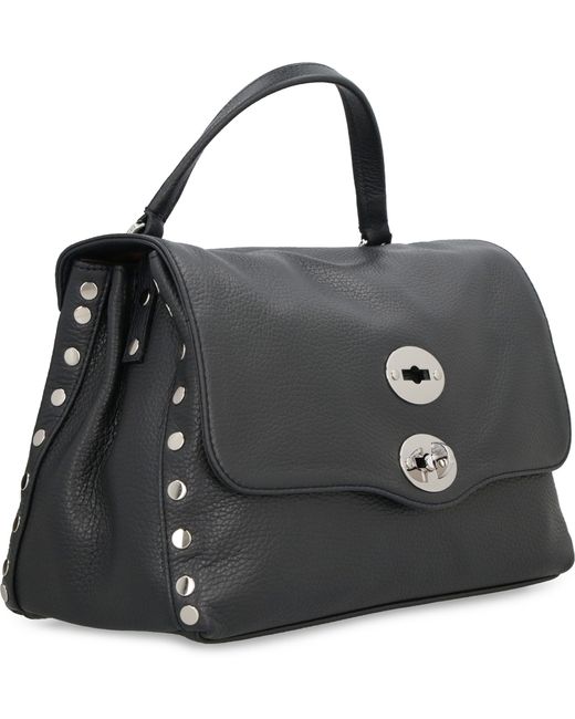 Zanellato Black Grained Leather Handbag With Decorative Studs And Removable Shoulder Strap