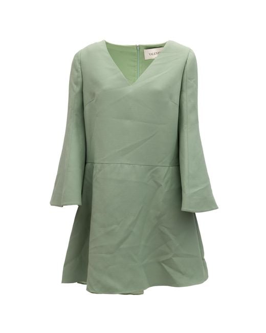 Valentino Garavani Green Sage V-Neck Dress With Bell Sleeves