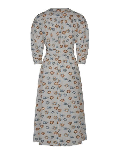 Max Mara Gray All-over Patterned Long-sleeved Dress