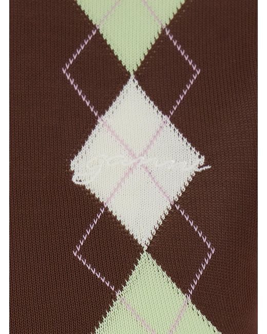Ganni Brown Short-Sleeved Argyle Sweater — Cotton Tops