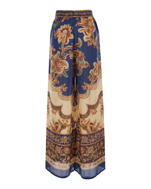 Zimmermann Blue Aster Relaxed Pant With Elegant Multicolored Silk Details For Trousers