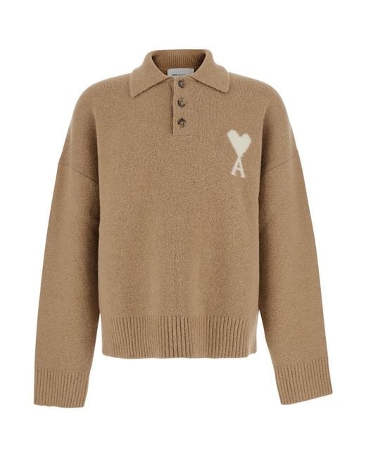 AMI Natural Wool Blend Polo Sweater for men