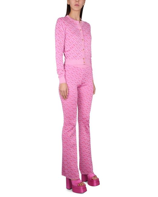 Versace Pink Jacquard Pants With Greek Print Silk Trousers