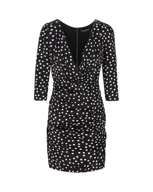 Dolce & Gabbana Black Polka Dot-printed Plunging V-neck Mini Dress