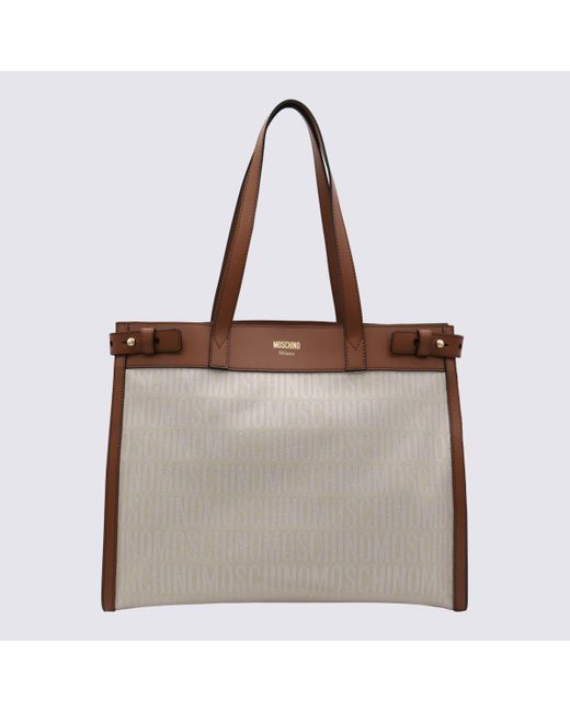 Moschino Brown Ivory Canvas And Leather Tote Bag